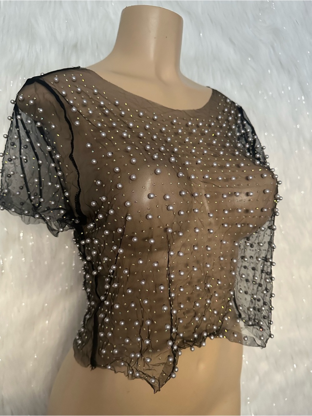 Haute Monde Black Sheer Pearl-Embellished Crop Top